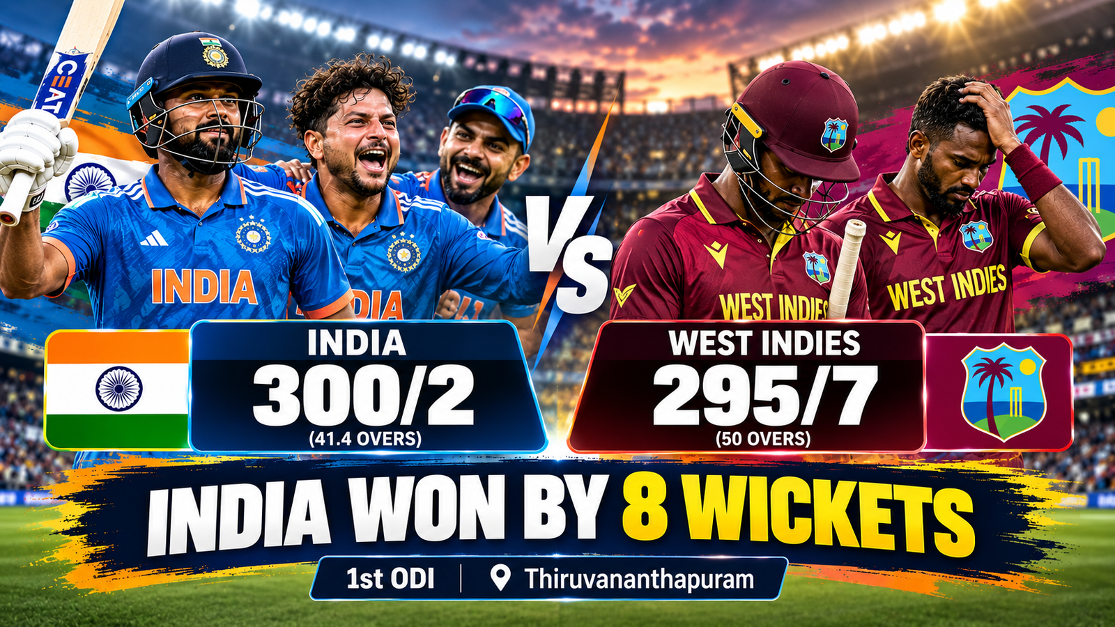 India beat West Indies by 8 wickets in 1st ODI as Virat Kohli scored 139 and Shubman Gill made 110